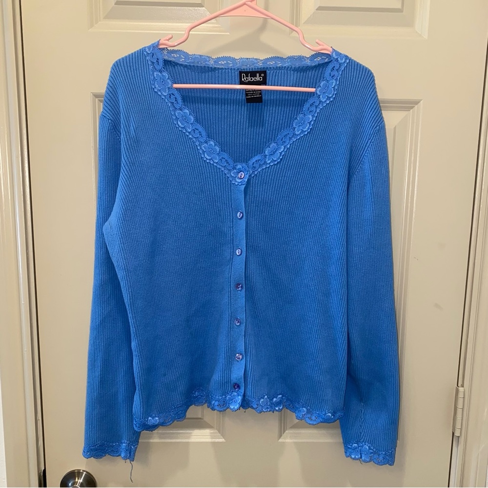 Vintage Blue Lace trim Ribbed Cardigan. Size XL.